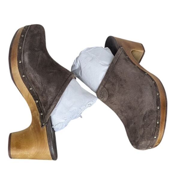 UGG Australia Abbie Clogs Mules Dark Brown Suede Wooden Platform 9 - Picture 6 of 11